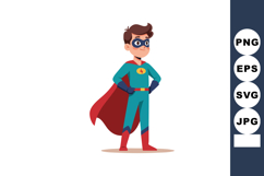 Boy superhero in blue costume with red cape standing confide Product Image 1