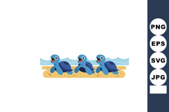 Three Blue Baby Turtles Walking on Beach Near Ocean Waves Ve Product Image 1
