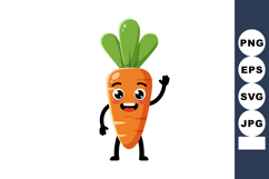 Happy cartoon carrot character waving with green leaves smil Product Image 1