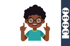 Smiling Afro Boy Wearing Glasses and Blue T Shirt Pointing U Product Image 1