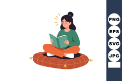 Woman Relaxing Reading Book Sitting Crosslegged on Round Cus Product Image 1