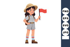 Girl explorer with red flag wearing safari outfit and hat ho Product Image 1