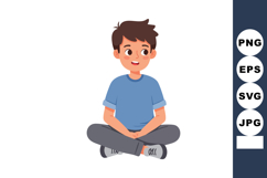 Boy Sitting Cross Legged Wearing Blue Shirt and Gray Pants C Product Image 1
