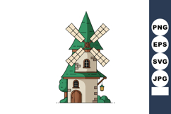 Windmill tower house with green roof and wooden door vector Product Image 1