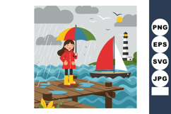 Girl standing on wooden dock with colorful umbrella and red Product Image 1