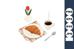 Croissant with coffee cup and red tulip flower on checkered Product Image 1