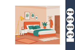 Modern bedroom interior with orange and green accents and co Product Image 1