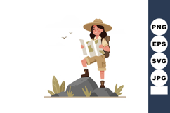 Female hiker exploring nature with map and backpack on rock Product Image 1