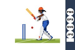 Female cricket player batting with helmet and pads on green Product Image 1