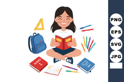 Girl Reading Book Surrounded by School Supplies and Educatio Product Image 1