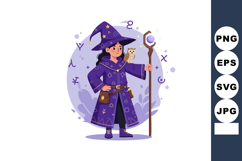 Wizard character in purple robe with magical staff and owl f Product Image 1