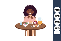 Woman enjoying breakfast with toast juice and fruit at woode Product Image 1