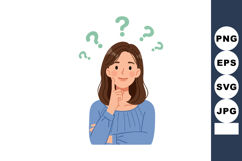 Thoughtful woman wearing blue sweater surrounded by question Product Image 1
