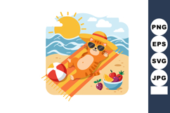 Relaxed cat sunbathing on beach towel with hat sunglasses an Product Image 1