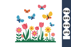 Colorful butterflies flying above pink tulips and yellow dai Product Image 1