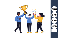 Diverse people celebrating winning golden trophy together wi Product Image 1
