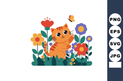 Cute orange cat playing with butterfly among colorful garden Product Image 1