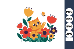 Cute orange cat playing with butterfly among colorful red an Product Image 1