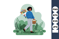 Woman Walking with Flower Bouquet and Basket in Garden Natur Product Image 1