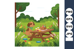 Dog Sitting Near Picnic Table with Basket and Drinks in Gree Product Image 1