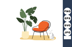 Indoor houseplant with modern orange chair and white cat vec Product Image 1