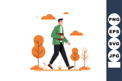 Man walking outdoors with book in autumn trees and orange cl Product Image 1