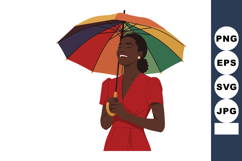 Woman holding colorful umbrella smiling in red dress vector Product Image 1