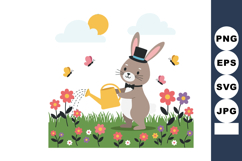 Rabbit watering colorful flowers in garden with butterflies Product Image 1