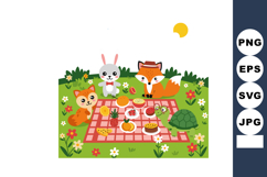 Cute woodland animals having picnic with fruits and desserts Product Image 1