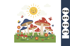 Colorful mushrooms with smiling sun and butterflies in grass Product Image 1