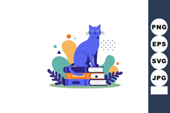 Blue Cat Sitting on Stack of Books with Abstract Shapes Vect Product Image 1