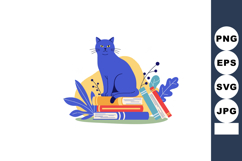 Blue cat sitting on stack of books with colorful leaves and Product Image 1
