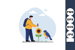 Man Taking Photo of Sunflower with Bird Nearby in Outdoor Na Product Image 1
