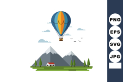Hot Air Balloon Flying Over Mountain Landscape With Small Ho Product Image 1