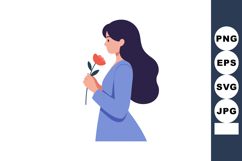 Woman holding red flower with long dark hair in blue dress s Product Image 1
