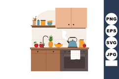 Kitchen interior with countertop fruits kettle and cabinets Product Image 1