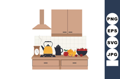 Kitchen counter with kettle teapot fruit bowl and timer in w Product Image 1
