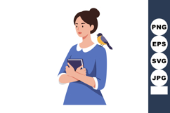 Woman holding book with small bird perched on shoulder in bl Product Image 1