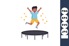 Happy boy jumping on trampoline with yellow shorts and blue Product Image 1