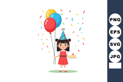Girl holding birthday balloons and cake in red dress with pa Product Image 1
