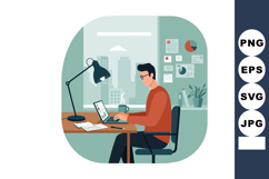 Man working on laptop at desk in modern office with charts a Product Image 1