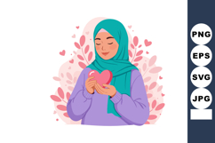 Woman in teal hijab holding pink heart with floral backgroun Product Image 1