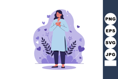 Woman with hands on heart expressing gratitude in calm purpl Product Image 1