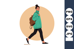 Woman in green sweater walking with brown backpack casual ou Product Image 1