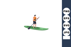 Man Paddleboarding on Green Board Wearing Orange Life Jacket Product Image 1