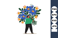 Person carrying large bouquet of blue and orange flowers vec Product Image 1