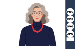 Elderly woman with gray hair wearing glasses and red jewelry Product Image 1