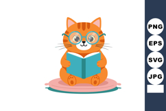 Cute orange cat with glasses reading book on cushion vector Product Image 1