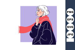 Young woman with white hair wearing red scarf and dark coat Product Image 1