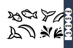 Fish tail whale tail splash water drops vector icons in blac Product Image 1